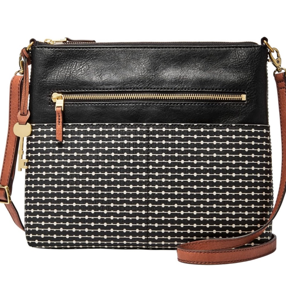 Fossil Women’s Fiona Faux Leather Large Crossbody Purse, Black Stripe